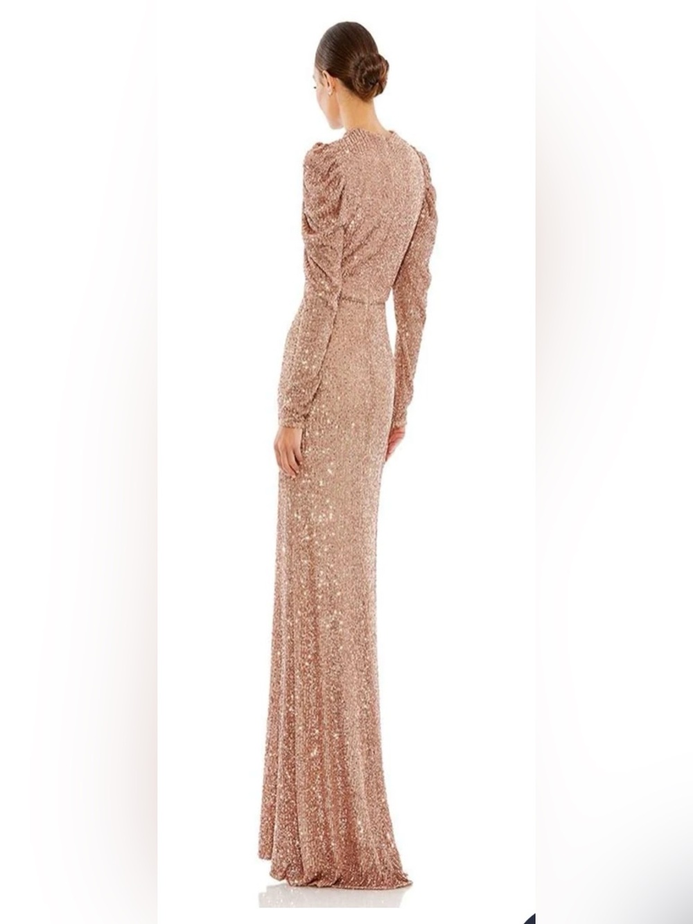 Mac Duggal Sequined High Neck Puff Long Sleeve Column Gown - Picture 2 of 7